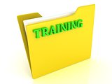 TRAINING bright green letters on a yellow folder with papers
