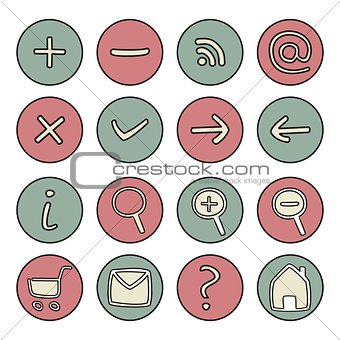 Vector icons or buttons - doodle arrow, home, rss, search, mail, ask, plus, minus, shop, back, forward isolated on white background