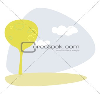 Vector yellow green tree on the hill at blue sky spring or summer day white clouds - flat, modern illustration isolated on white background.