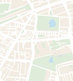 Abstract vector city map with white streets, beige buildings, green park and blue ponds.
