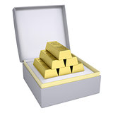 Gold bricks in open gift box
