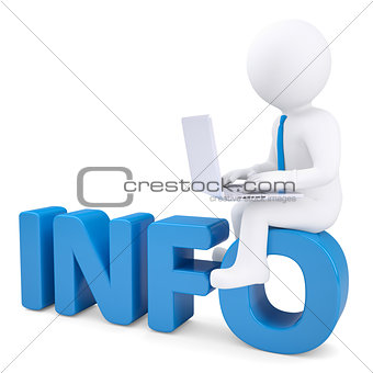 3d white man with laptop sitting on the word INFO