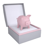 Piggy bank in open gift box