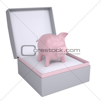 Piggy bank in open gift box