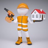 3d man in overalls with screwdriver and house