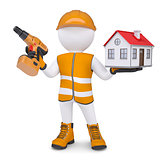 3d man in overalls with screwdriver and house