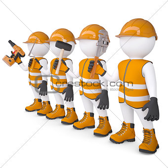 Four 3d white mans in overalls with a tools