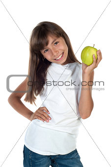 happy girl with apple on white background