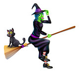 Halloween Witch on Broomstick with Cat