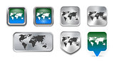 Collection of World map on brushed metallic and glossy buttons