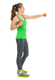 Full length portrait of happy fitness young woman making exercis