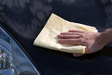 Polishing the hood of a car with a chamois