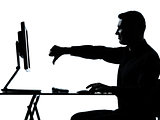 one business man silhouette computer computing thumb down disple