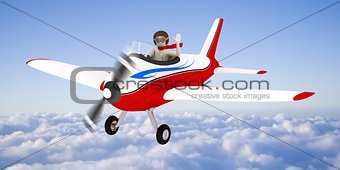 White man flying in the sky, over the clouds