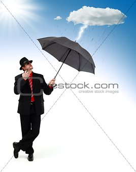 Man standing and protecting himself from disaster