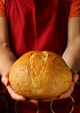 loaf of homemade bread in the chef hands