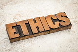 ethics word in wood type