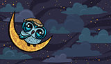 Cartoon sleepy owl and yellow moon