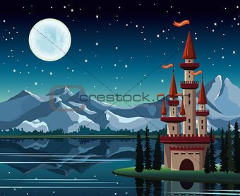 Starry night with full moon and castle