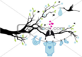 baby boy with birds on tree, vector