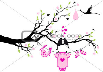 baby girl with birds on tree, vector