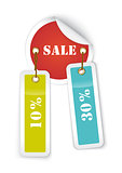 Sale sticker style sign with hanging labels