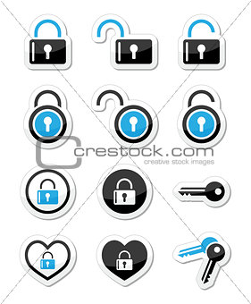 Padlock, key, account vector icons set