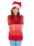Santa Woman happy giving Christmas Gift Box