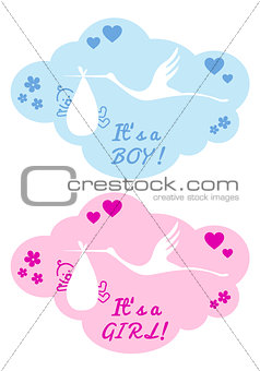 stork with baby boy and girl, vector 