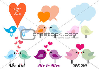 love birds with hearts, vector set