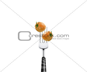 Tomato pierced by fork,  isolated on white background 
