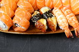 Assorted sushi with salmon, shrimp and eel - traditional Japanese food