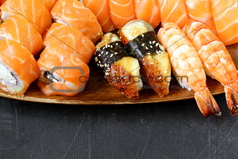 Assorted sushi with salmon, shrimp and eel - traditional Japanese food