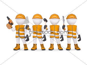 Four 3d white mans in overalls with a tools