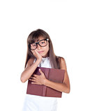 little girl with books wearing glasses