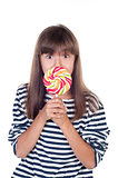 Cute fun little girl holding big lolly pop