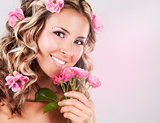 beautiful face with pink roses
