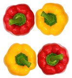 Top view, red and yellow sweet  bell pepper isolated on white ba