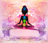  Yoga lotus pose. Padmasana with colored chakra points. 