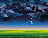 Stormy sky with lightning and green field
