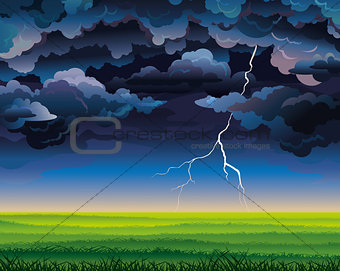 Stormy sky with lightning and green field
