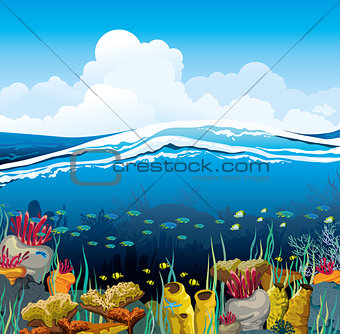 Seascape with underwater creatures and blue sky