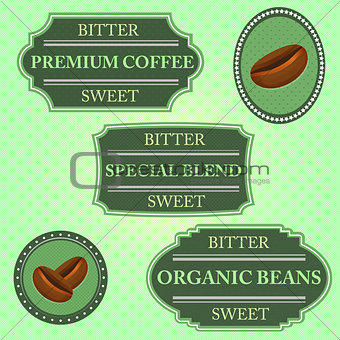 Set of bitter sweet coffee on green badge
