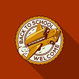 Back to school label with school bus, vector Eps10 illustration.
