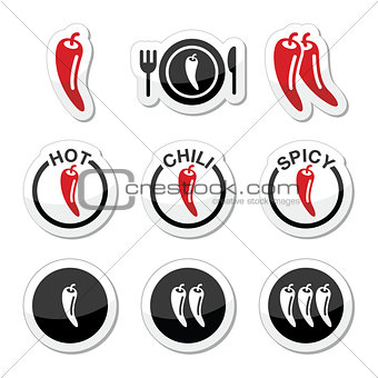 Chili peppers, hot and spicy food icons set