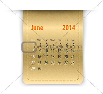 Glossy calendar for june 2014 on leather texture. Sundays first