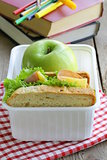 sandwich with ham, green salad and apple in a box - school lunch