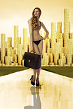 business woman in bikini golden city on back