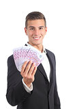 Attractive businessman showing money