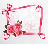 Holiday background with pink roses and ribbons. Vector illustrat